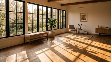 natural light effects, a tranquil room filled with soft afternoon light and long shadows on the floor