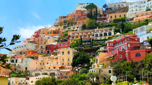 Mediterranean architecture in Positano on Italy's Amalfi Coast. The colorful, multi-story houses of Positano on the mountainside