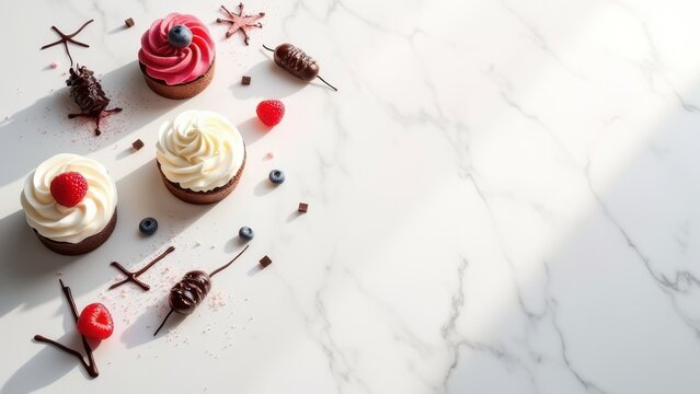 elegant dessert cream arrangement on white marble backdrop perfect for bakery advertising and gourmet food promotion