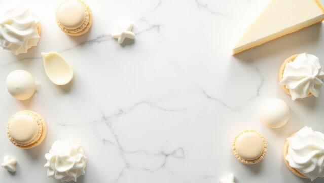 minimalist flat lay of elegant cream desserts and pastries on light marble surface perfect for bakery marketing backdrop