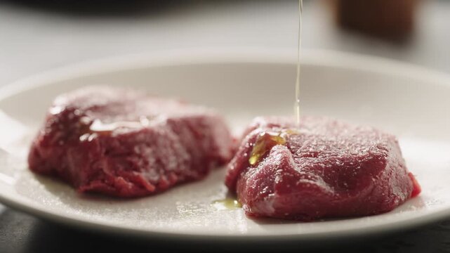 Two raw beef fillets on white plate sprinkled with coarse salt