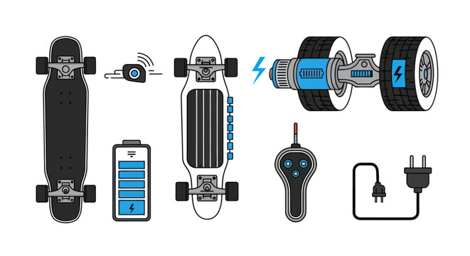Electric longboard skateboard with battery and remote control set.