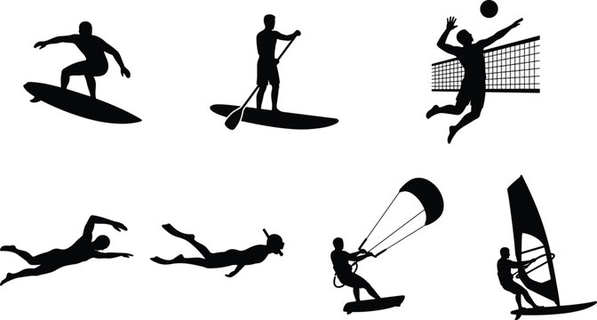 Water sports silhouette vector set featuring surfing paddleboarding beach volleyball swimming kitesurfing and windsurfing