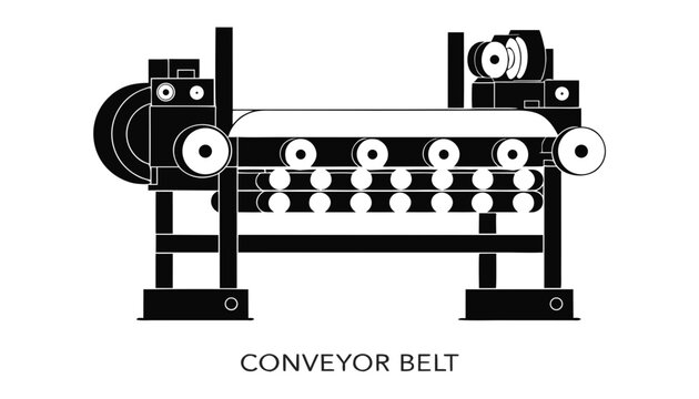 Very beautiful black and white vector illustration of a CONVEYOR BELT with detailed transport rollers and industrial machinery styling, isolated on white background, with the label "CONVEYOR BELT" dis