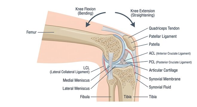 Human Knee Joint Anatomy Diagram Showing Femur, Tibia, Fibula, Patella, Ligaments ACL PCL LCL, Medial and Lateral Meniscus with Knee Flexion and Extension Motion Direction