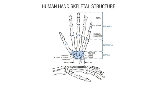 Human Hand Skeletal Structure Diagram Showing Carpals, Metacarpals, Phalanges, Distal, Middle, Proximal Phalanges, Radius, and Ulna Bones Anatomy