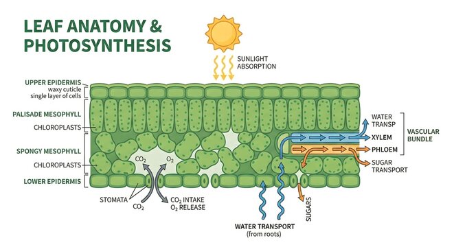 Leaf Anatomy and Photosynthesis Diagram Showing Palisade Mesophyll, Chloroplasts, Stomata, and Vascular Bundle with Xylem and Phloem for Water and Sugar Transport
