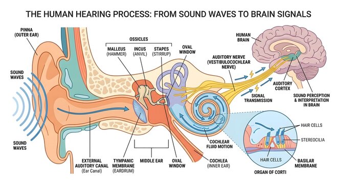 Human Hearing Process Anatomy Diagram Showing Sound Waves, Ear Canal, Tympanic Membrane, Middle Ear Ossicles, Cochlea, Organ of Corti with Hair Cells, Auditory Nerve, and Human Brain Signals