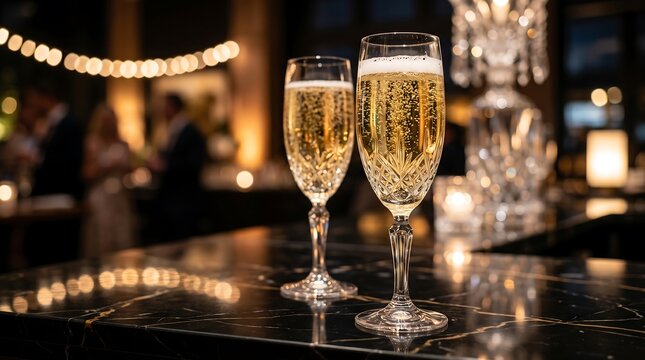 Two crystal champagne glasses filled with sparkling wine on a marble bar counter at a luxury event champagne sparkling celebration nightlife beverage glassware nightclub atmosphere lifestyle