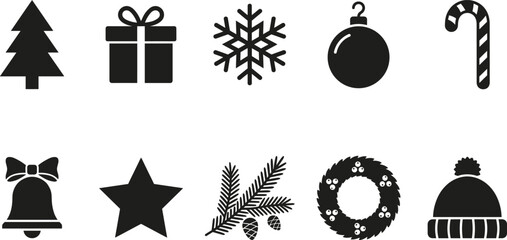 Collection of flat black Christmas icons on white background minimal festive design elements for seasonal greetings © Mdjillur
