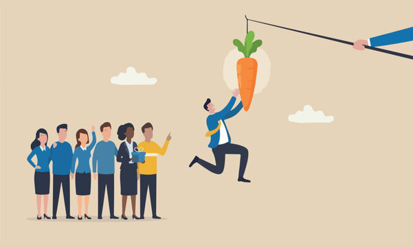 Motivation employe manipulation concept, seduced businessman jump in the air to catch tempting carrot baiting lure from stick