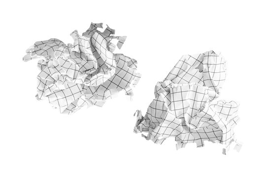 Crumpled squared paper ball isolated PNG on transparent background, wrinkled notebook sheet for education and creative concepts