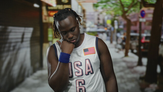 Young african american man with hand on chin, braided hair and blue wristband wearing usa basketball jersey with flag patch on city street; quiet contemplation.