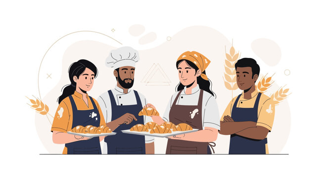 Diverse bakers team holding fresh croissants, modern flat illustration style, representing bakery and culinary arts.