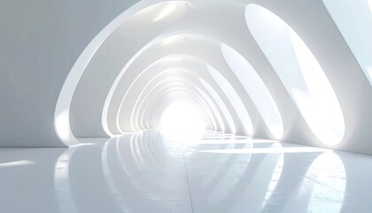Fototapeta premium A bright white futuristic tunnel with elliptical openings and a reflective floor leading to an intense light.