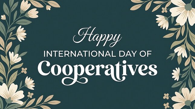 Happy International Day of Cooperatives greeting text framed by elegant cream flowers on a dark teal background surface.