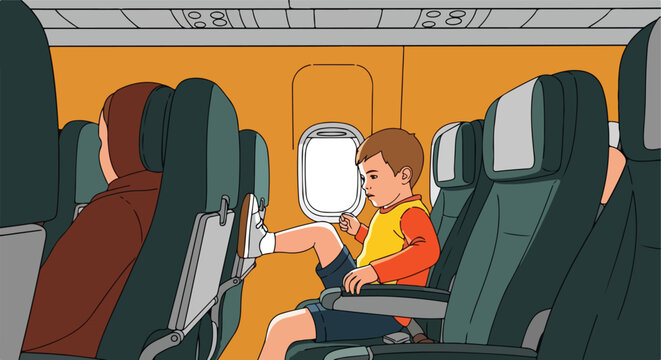 A child is sitting on an airplane, looking bored