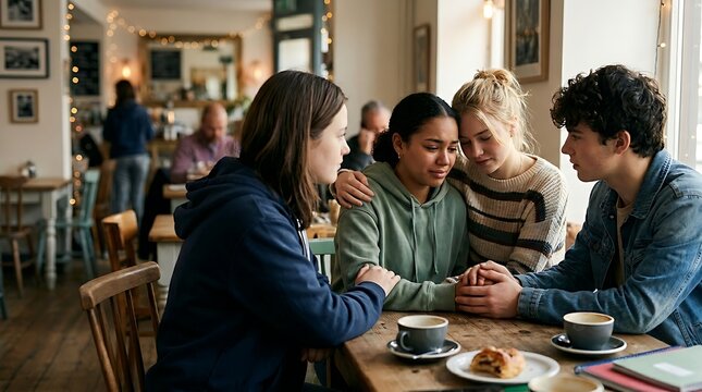 Empathetic young friends provide heartfelt emotional support and comfort to their distressed companion during a meaningful conversation inside a cozy cafe.