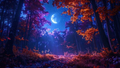 Fototapeta premium A surreal forest path bathed in the ethereal glow of a full moon and vibrant, otherworldly foliage.