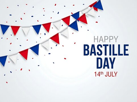 A minimalist French National Day banner displaying bold typography flanked by hanging triangular party garlands and colorful confetti.