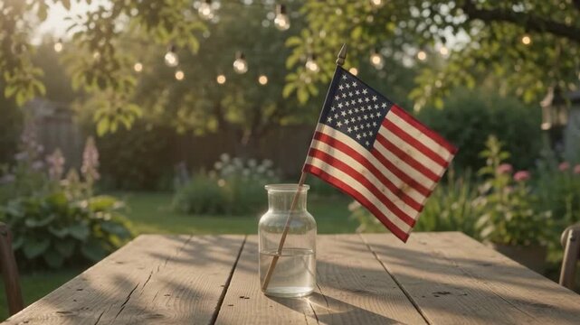 Cinematic 4K Slow Motion American Flag Waving in Glass Jar on Rustic Table in Summer Backyard Garden with Warm String Lights