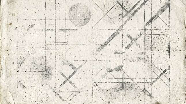 Grungy white paper texture with faded grey geometric lines, blueprint architectural grids, circles, and cross marks.
