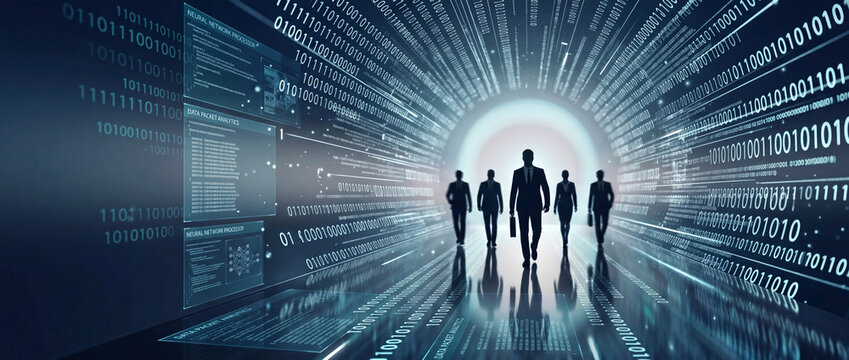 Silhouettes of business people walking into a futuristic digital tunnel filled with binary code and data streams, representing technology and progress