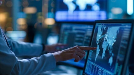 Fototapeta premium Faceless professional data analyst working in a high-tech system control room, monitoring global network information and interacting with a touchscreen, defocused control room in