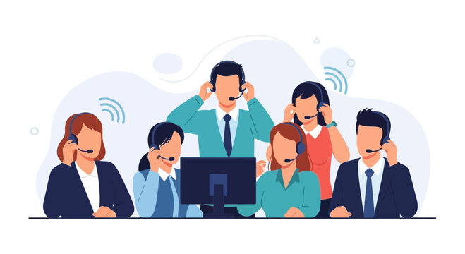 Diverse customer service team with headsets working in a call center, representing communication and support