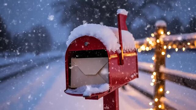 Traditional red metal mailbox covered in fresh snow holding a paper envelope letter on a magical winter christmas evening with glowing fairy lights on a wooden fence