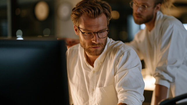 Journalist at standing desk editing AI-drafted article paragraph by paragraph in newsroom at night, copy editor leaning over shoulder pointing at sentence structure, press