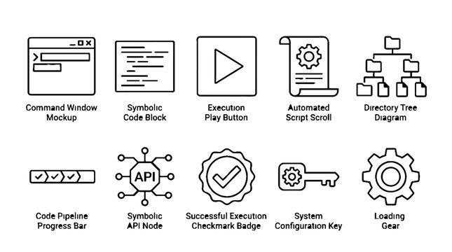 Software Development and Programming Icon Set Featuring Code Pipeline and API Integration Symbols.