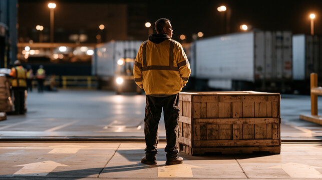 Night shift cross-docking coordinator in massive transit hub directing pallet movement between inbound and outbound trailers, workers in reflective vests under sodium vapor