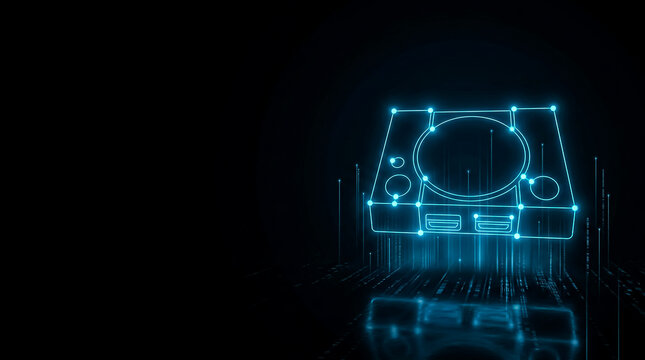 A glowing, wireframe PlayStation controller displayed as a hologram in a dark, tech-inspired environment with reflective surfaces.