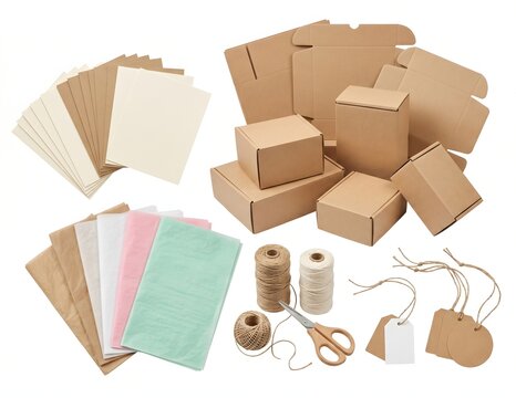 Cardboard boxes, tissue paper, twine, and shipping supplies on white