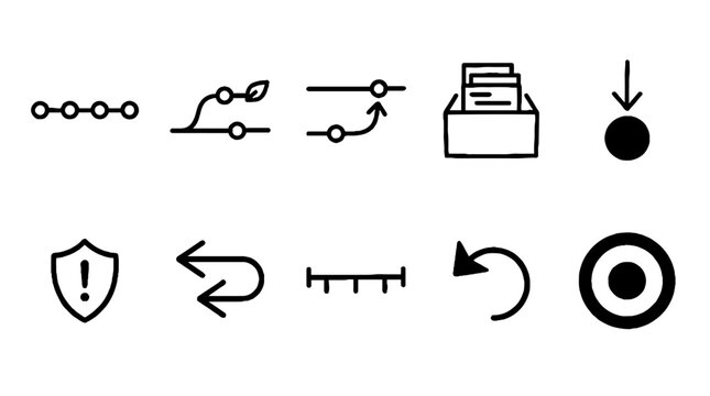 Set of black hand drawn minimalist software development and workflow icons on white background.
