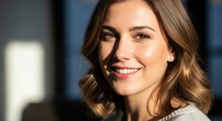 Fototapeta premium A young woman with shoulder-length brown hair, wearing a gray sweater, smiling warmly, with a blurred background featuring a window and sunlight streaming in.