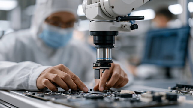 Industrial robot arm precisely placing microchip on assembly board under AI vision inspection camera, clean room technician monitoring quality feed on side screen, semiconductor