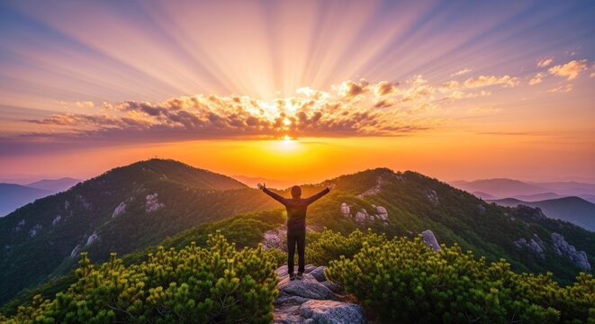 A man standing on a rocky outcrop with his arms raised, overlooking a stunning mountain landscape at sunset.