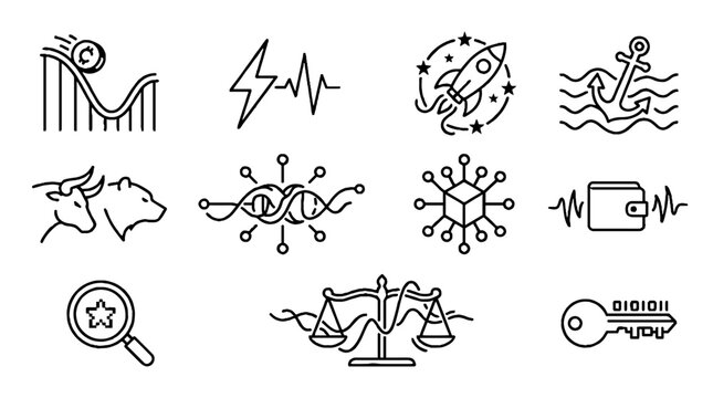 Set of financial and cryptocurrency line icons representing market volatility and digital assets.