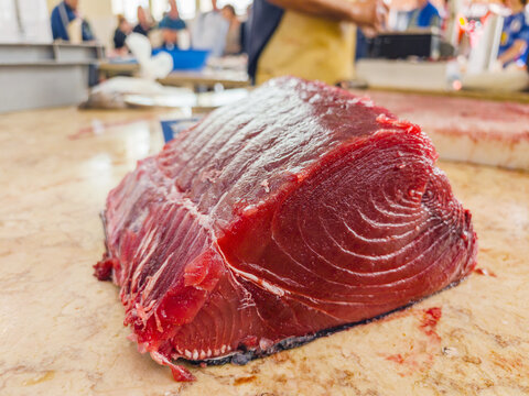 A professional fishmonger cutting a huge raw red fresh tuna fish on a wooden counter at a fish market, Funchal, Madeira, Portugal.