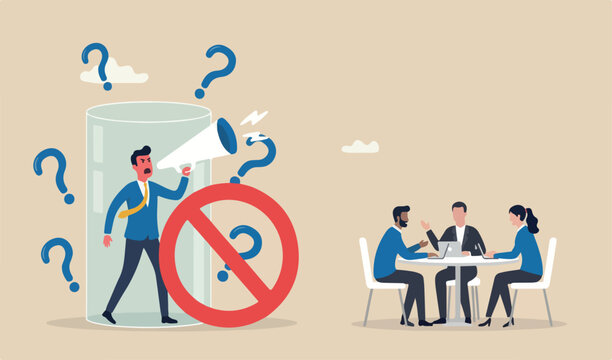 Toxic boss, bad environment in workplace, unfairness micromanage mislead manager concept, angry manager captured cover with prohibit toxic sign team peacefully discussing work outside