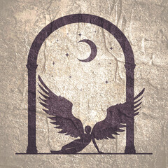 Fototapeta premium Fantasy woman angel with huge bird wings. Resting lady goddess.