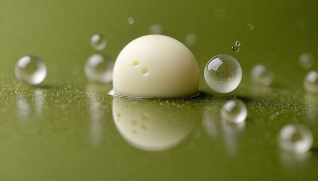 Translucent water bubbles floating around smooth white cosmetic drop on green surface