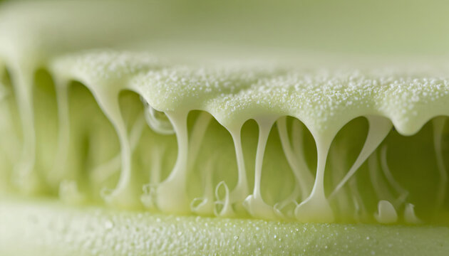 Close up of organic white stringy structures connecting green mineral layers
