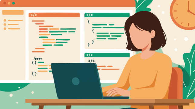 Female Developer Coding on Laptop, Programming and Web Development