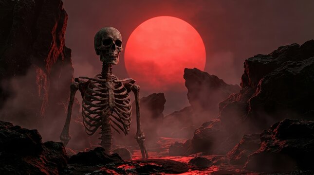 Skeleton Horror Figure on Rocky Terrain Under Red Moon Dark Gothic Apocalypse Art
