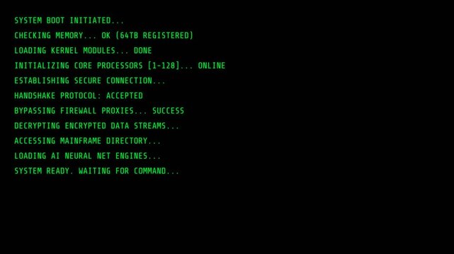 Hacker Terminal System Boot Sequence Scrolling Text Animation
