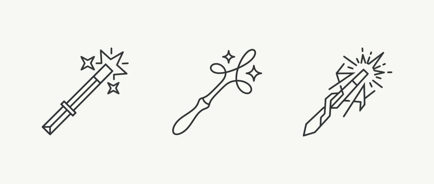 Collection of three hand drawn magic wands with sparkling effects on a light background