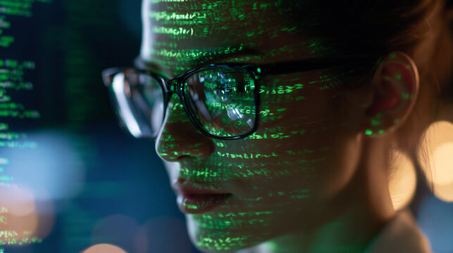 Close-up of a faceless woman with glasses, green programming code projected onto her face in a dark high-tech environment, dramatic technology visualization, defocused dark